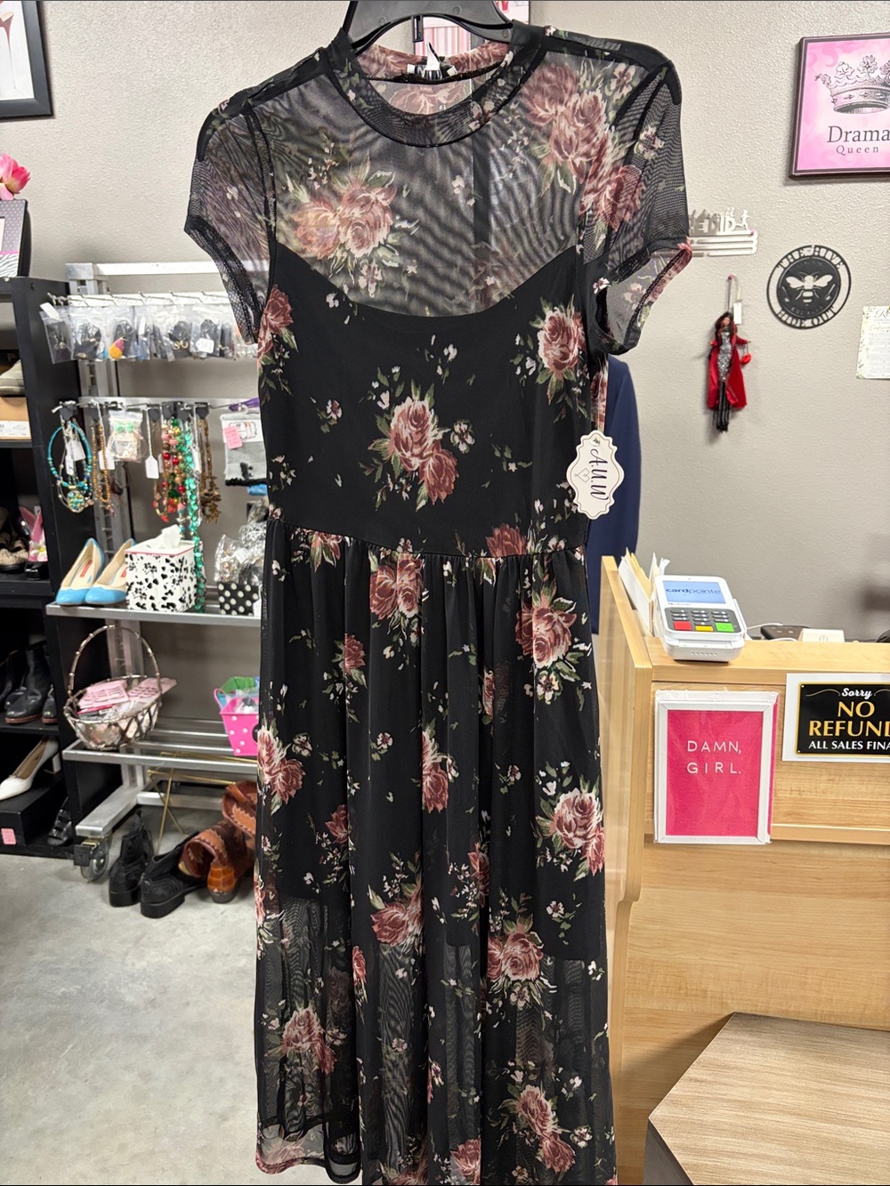 Floral Mesh Maxi Dress in Black with Rose Print S8G2D8